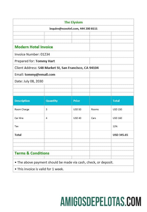 imprimível Modelo de fatura de hotel moderno